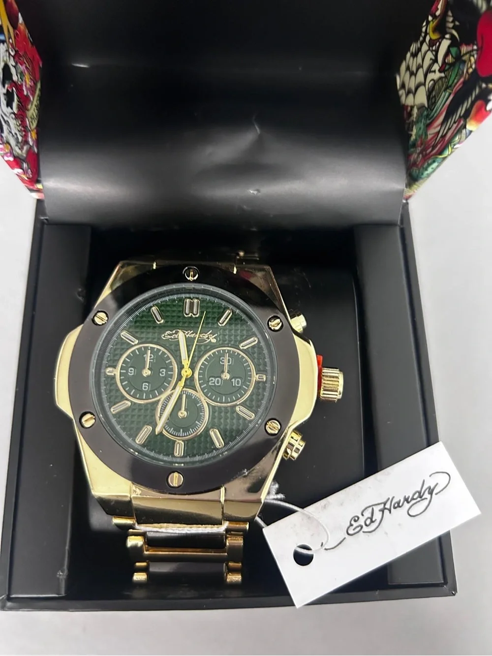 Ed Hardy Gold Men's Chronograph Watch with Green Dial